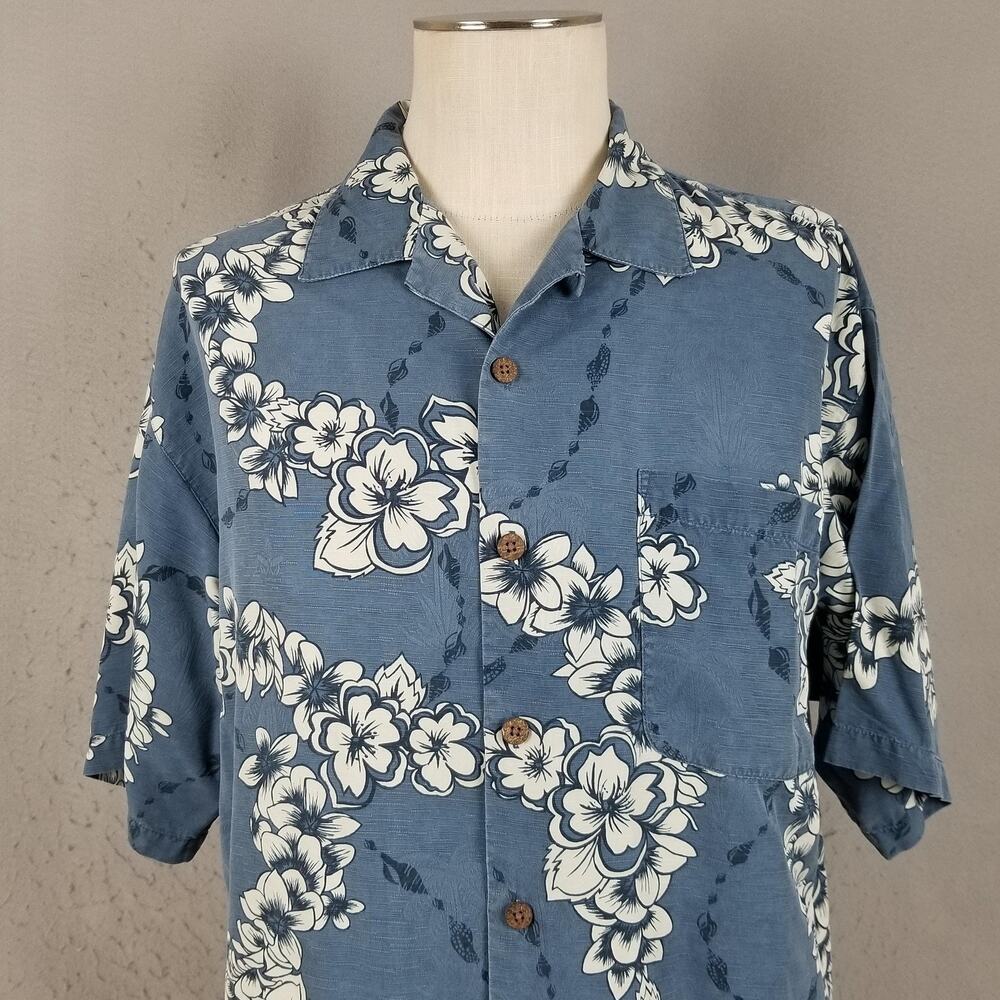 Tommy Bahama Shirt Mens Large Blue Silk Floral Hawaiian Button Up Camp Casual - Picture 2 of 12